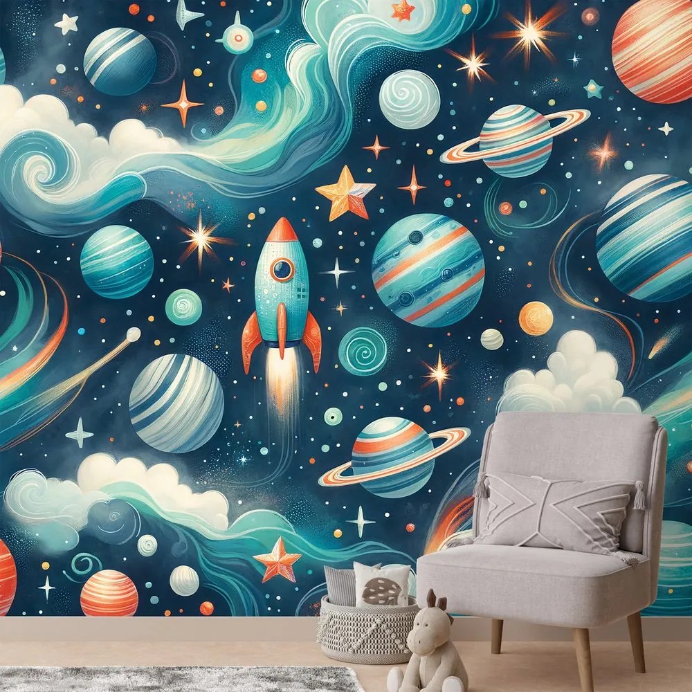 Tapeta farebný vesmír s raketou