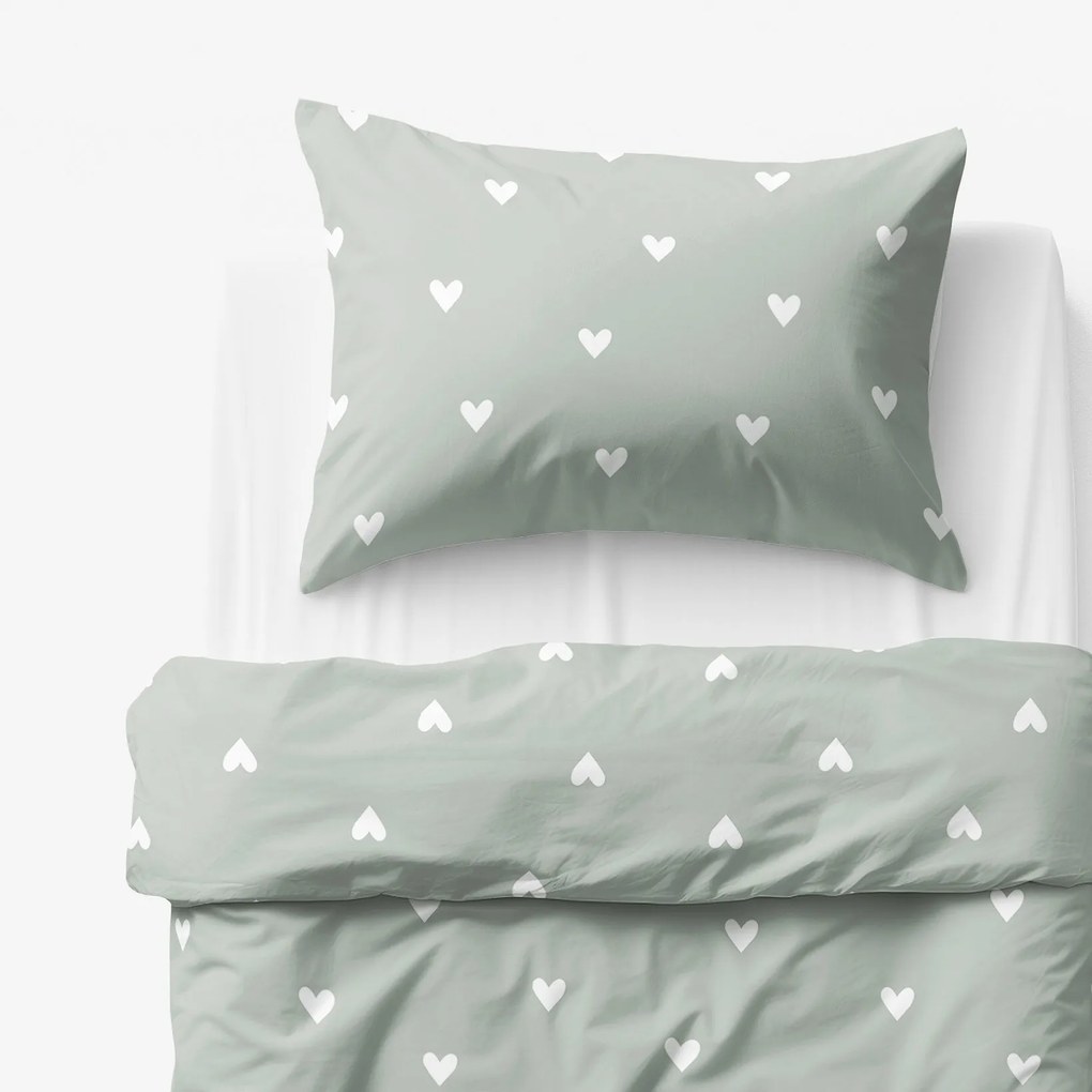 Goldea detské bavlnené obliečky - srdiečka na šalviovo zelenom 150 x 200 a 50 x 60 cm