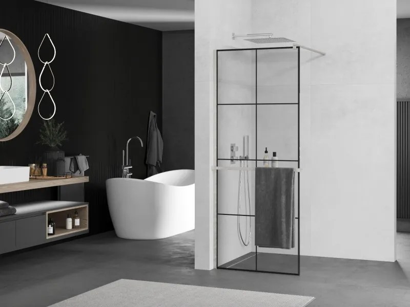 Mexen Kioto+, sprchová zástena Walk-In s poličkou a vešiakom 80 x 200 cm, 8mm číre sklo čierny vzor, brúsená oceľ profil, 800-080-121-97-77