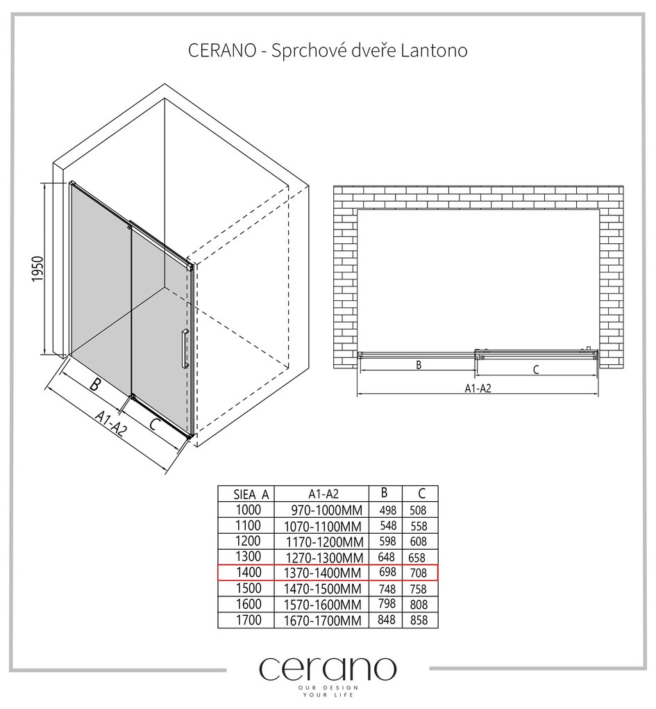 Cerano Lantono, posuvné dvere do otvoru 140x195 cm, 8mm číre sklo, čierny matný profil, CER-CER-432052