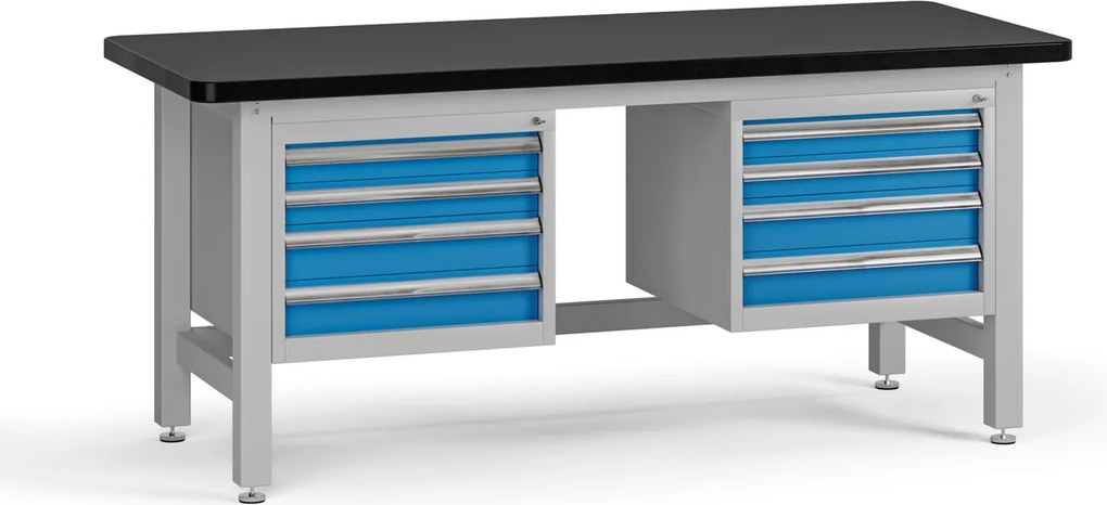 Pracovný stôl do dielne G4 s 2 závesnými boxami na náradie, MDF + PVC doska, 8 zásuviek, 1800 x 750 x 800 mm, modrá