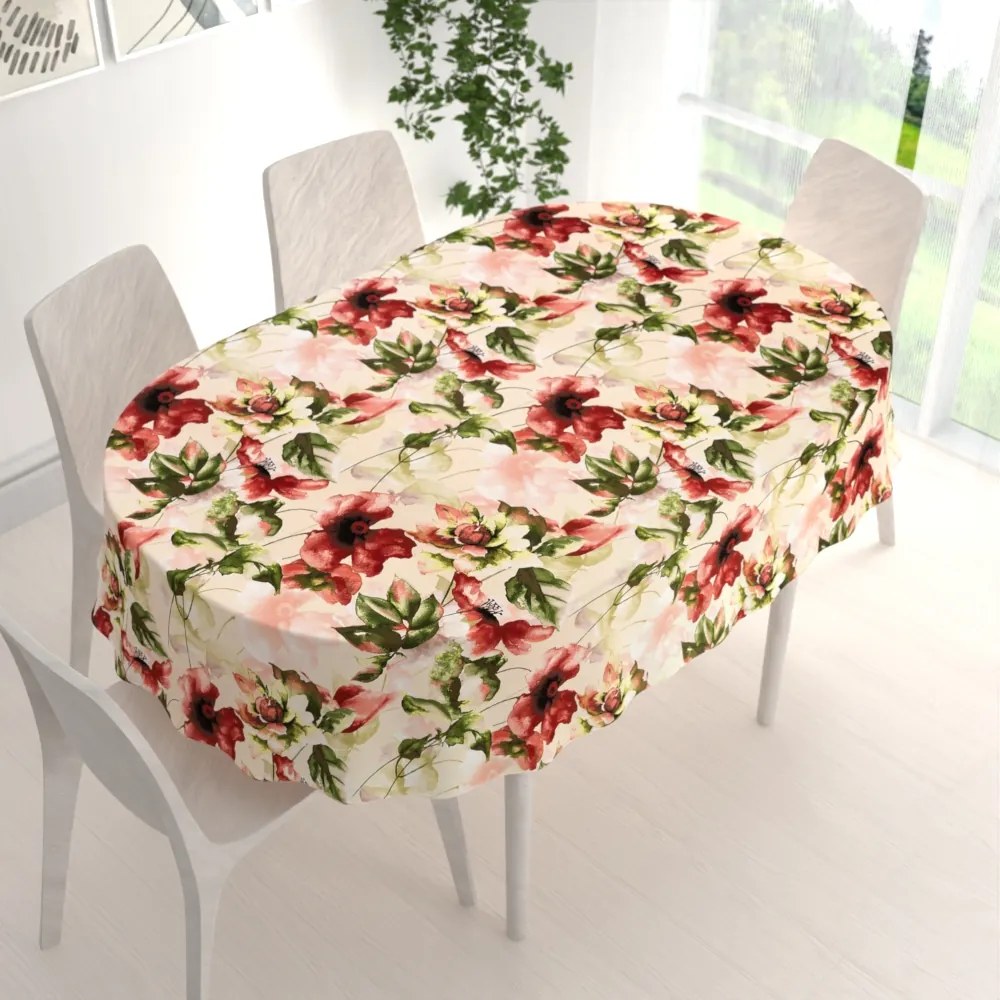 Biante Zamatový oválny obrus Tamara TMR-051 Abstraktné červené kvety na žltobéžovom 80x120 cm