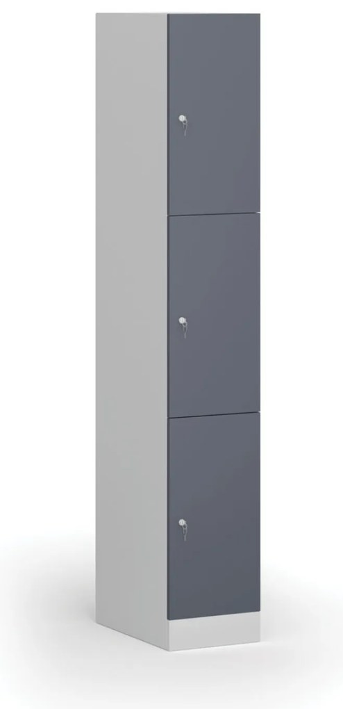 Šatníková skrinka S1 s úložnými boxmi, 3 boxy, 1850 x 300 x 500 mm, demont, cylindrický zámok, tmavosivé dvere