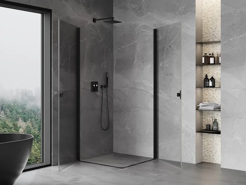 Mexen Mist-B Duo, 2-krídlový výklopný sprchový kút 80 x 80 cm, číre sklo, čierny profil, 8A2-080-080-70-00