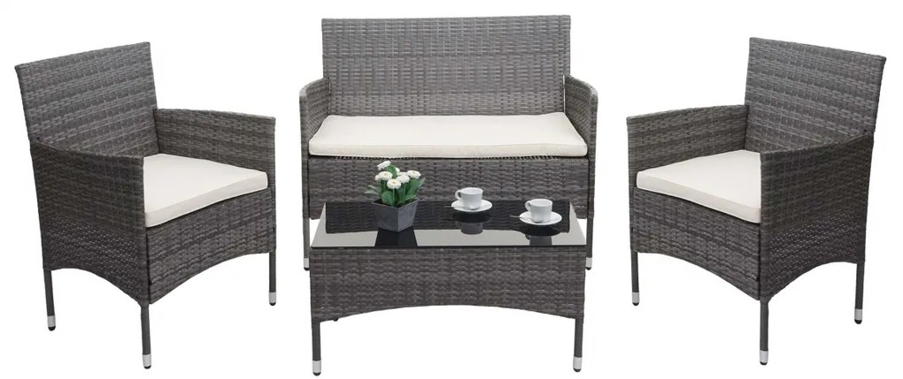 Záhradná súprava 2 kresiel, pohovky a stolíka HWC-F55 - sivá, krémové vankúše