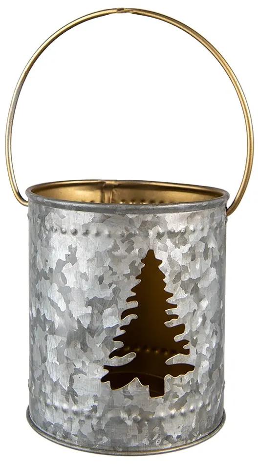 Šedý plechový svietnik na čajovú sviečku so stromčekom a držadlom - Ø 9*10 cm