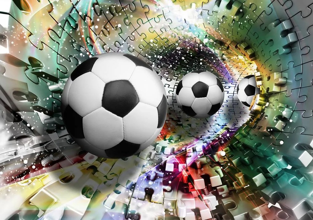 Fototapeta - Futbalové lopty v 3D puzzle tuneli (254x184 cm)