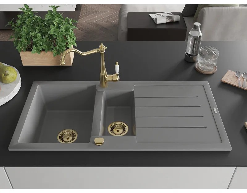 Mexen Andres, granitový drez 1000x500x200 mm, 1,5-komorový a drezová batéria Carla, šedá, 6515-71-670700-50