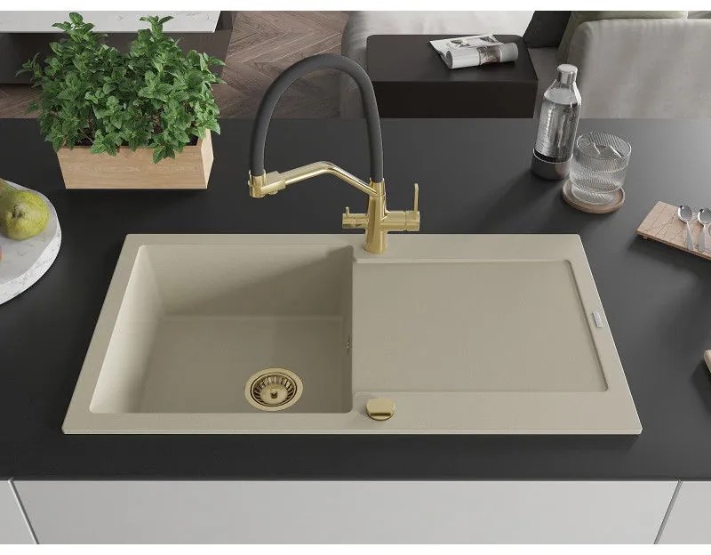 Mexen Leo, 1-komorový granitový drez 900x500x190 mm a drezová batéria Duo, béžová, 6501-69-671701-57-G