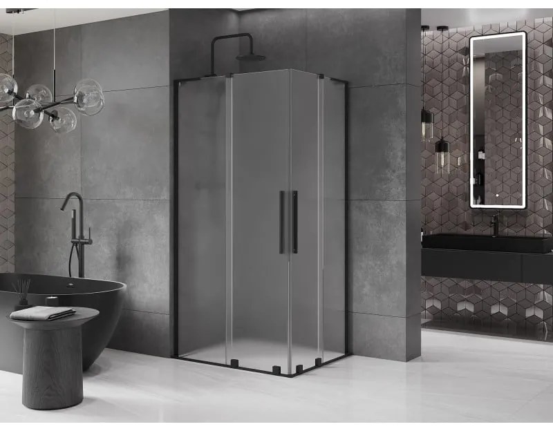 Mexen Velar L Duo, sprchový kút s posuvnými dverami 100 x 90 cm, 8mm sklo námraza, čierna matná, 871-100-090-02-33-70