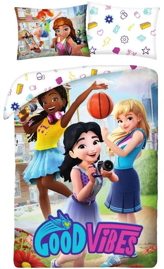 Bavlnené posteľné obliečky LEGO Friends - motív Good Vibes - 100% bavlna - 70 x 90 cm + 140 x 200 cm