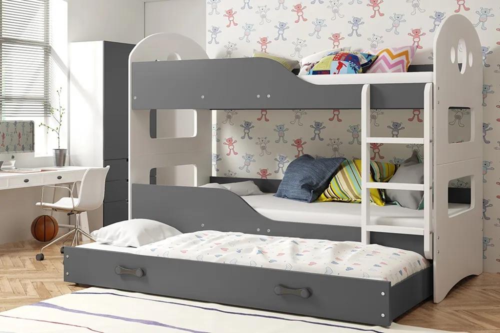 Poschodová posteľ s prístelkou DOMINIK 3 - 200x90cm Biely - Grafitový