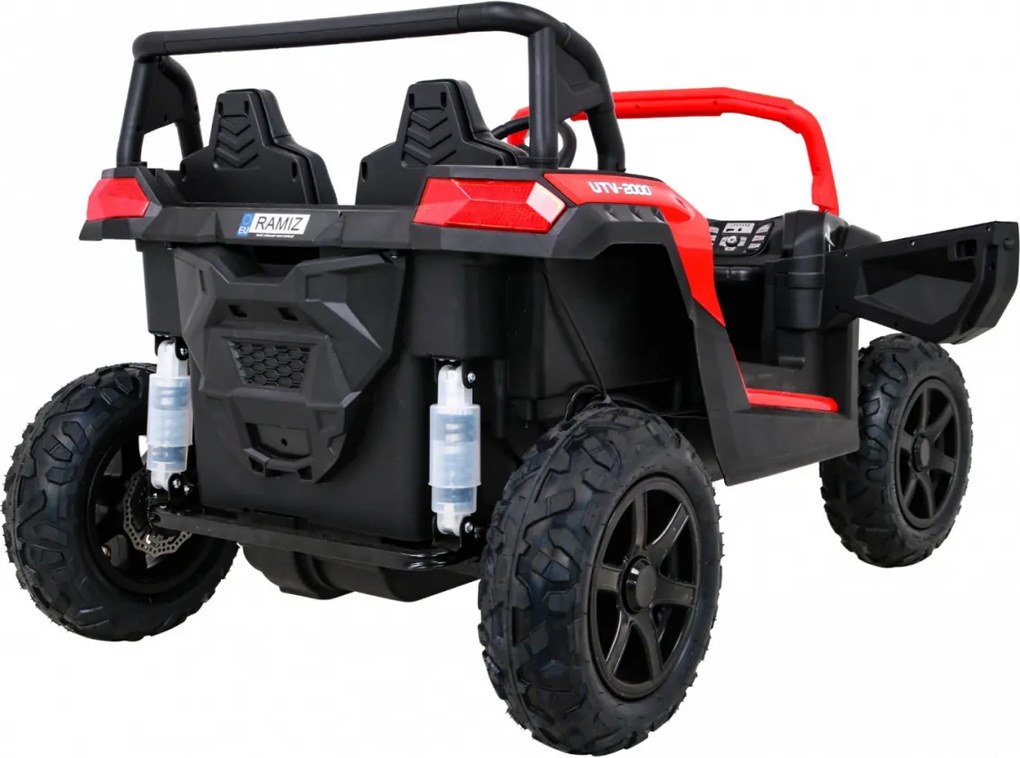 Ramiz Silná pretekárska štvorkolka pre 2 deti Červená + Bezkartáčový motor + Nafukovacie kolesá + LED zvuk