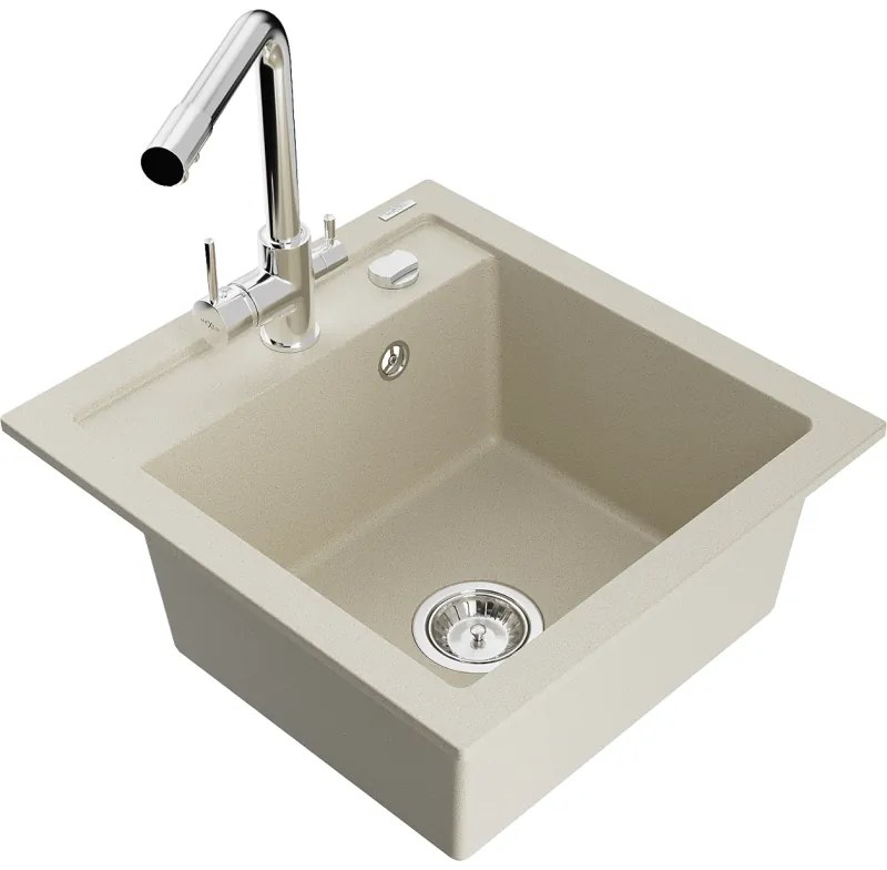 Mexen Vito, 1-komorový granitový drez 520x490x210 mm, chrómová batéria Duero, béžová, 6503-69-671600-00