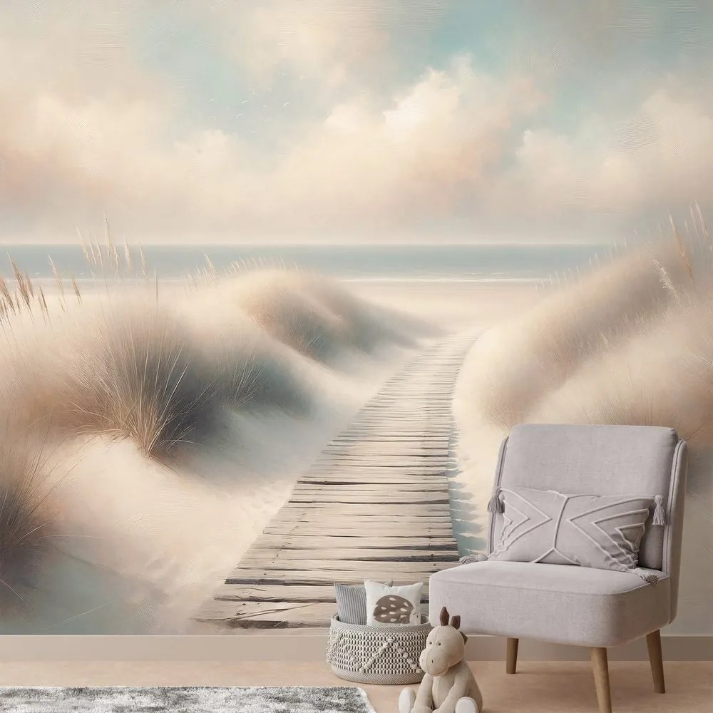 Tapeta piesková pláž s drevenou cestou