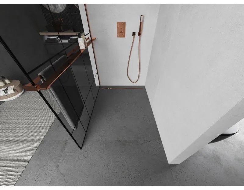 Mexen Kioto, sprchová zástena s poličkou a držiakom na uteráky 80 x 200 cm, 8mm číre sklo s čiernym vzorom, profil ružové zlato, 800-080-121-60-78