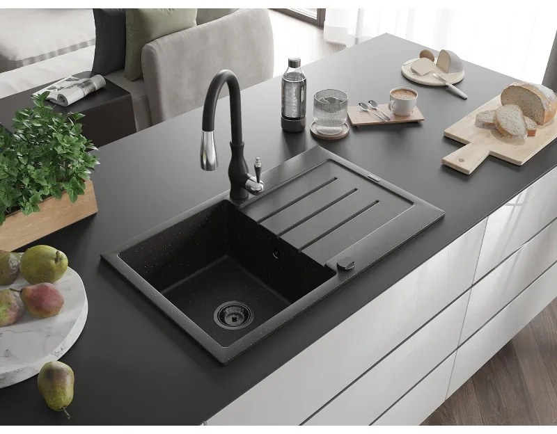 Mexen Bruno, 1-komorový granitový drez 795x495x200 mm a drezová batéria Savita, čierna-zlatá metalíza, 6513-75-672601-70-B