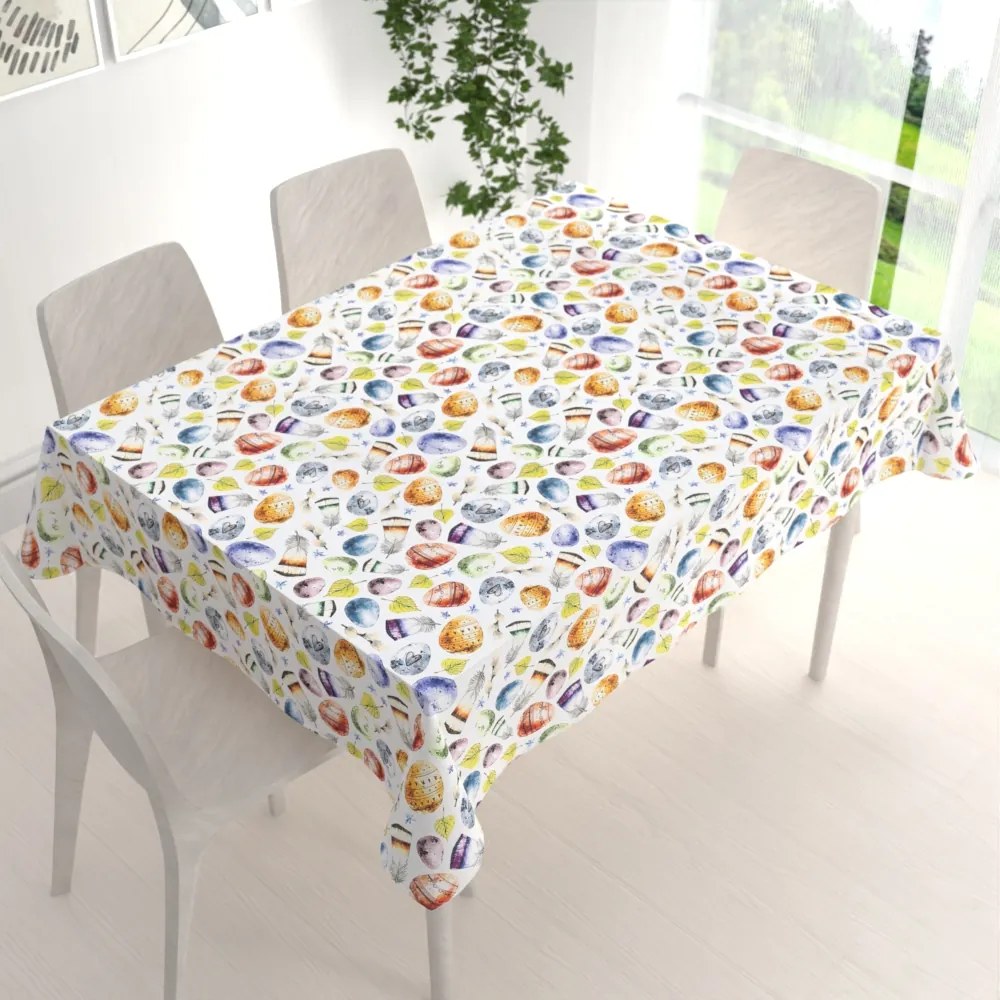 Biante Veľkonočný teflónový obdĺžnikový obrus TF-075 Farebné kraslice a pierka na bielom 140x180 cm
