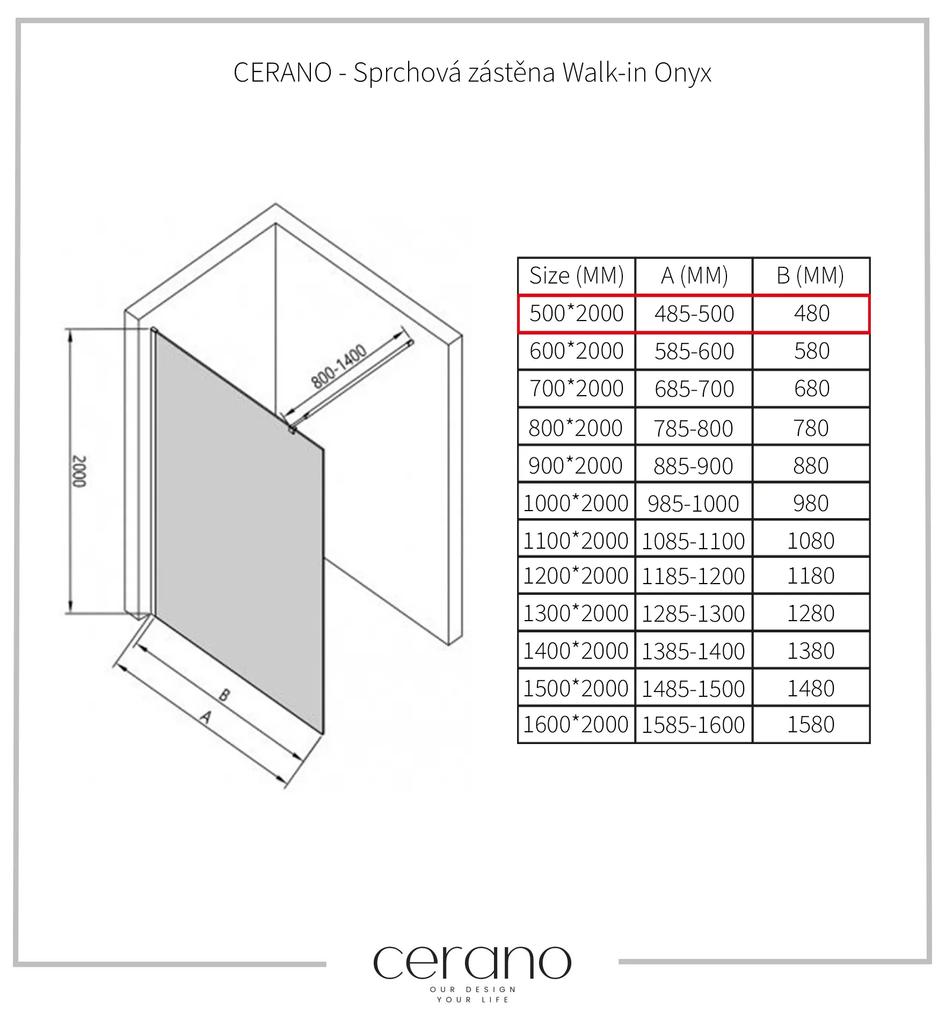 Cerano Onyx, sprchová zástena Walk-in 50x200 cm, 8mm číre sklo, chrómový profil, CER-CER-DY101-50-200