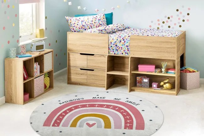 Detský koberec protišmykový BAMBINO 47810 Dúha, biely / ružový kruh