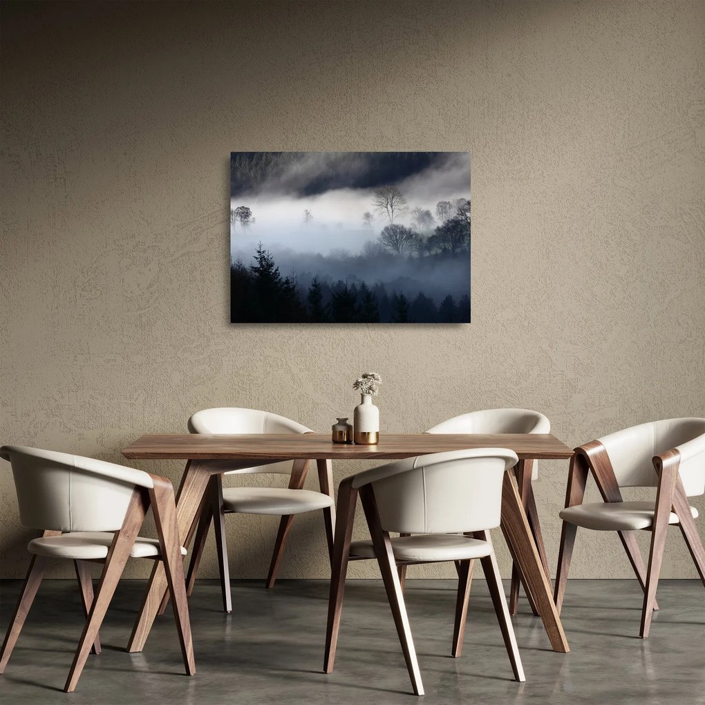 Sklenený obraz hmly nad lesom (70x50 cm)