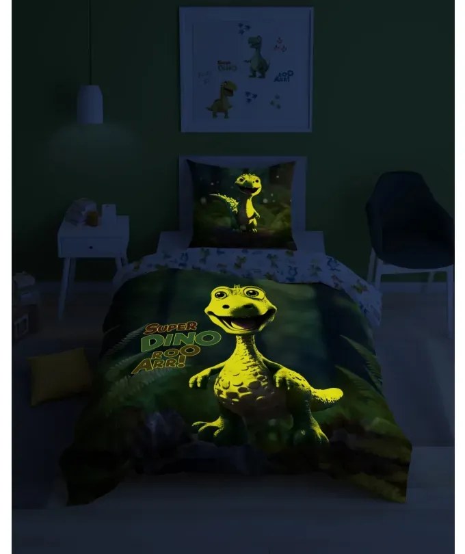 Bavlnené posteľné obliečky svietiace v tme - motív dinosaura 2 časti: 1ks 160x200 + 1ks 70x80