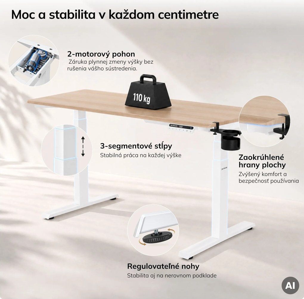 Elektrický stôl s nastaviteľnou výškou ergonomický biely/dub sonoma,1400x700 mm: ARIA
