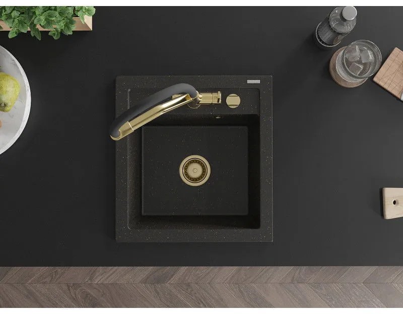 Mexen Vito, 1-komorový granitový drez 520x490x210 mm, drezová batéria Duo, čierna-zlatá metalíza, 6503-75-671701-57-G