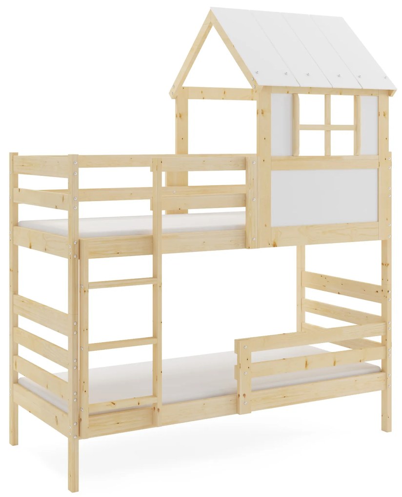 Poschodová posteľ s matracmi ERIK natural 190×90 cm borovica + domčeková nadstavba