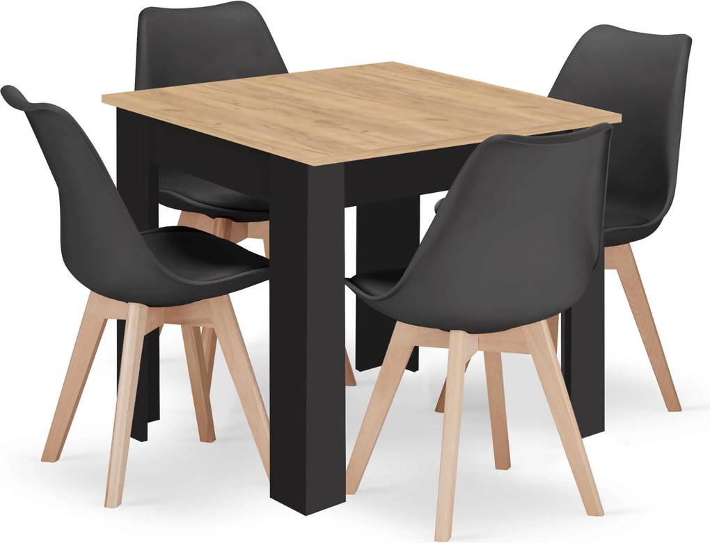 Jedálenský set: NP 80×80 cm artisan/čierna + 4 ks stoličiek OSLO čierna/prírodné nohy