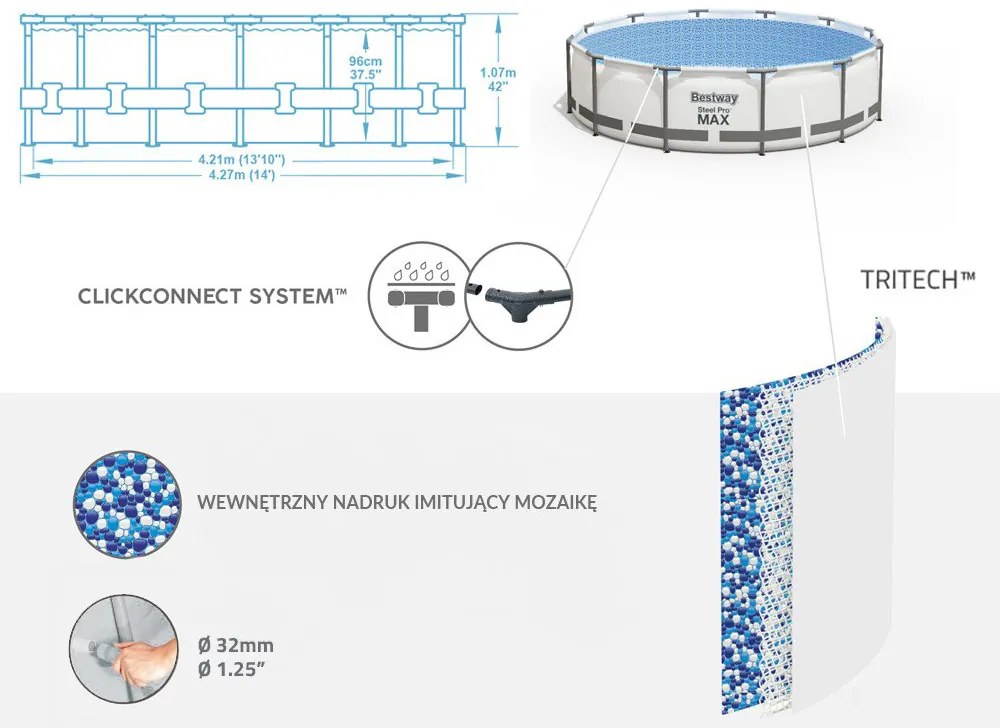 Rámový záhradný bazén Bestway STEEL-PRO MAX™ s rozmermi 427 x 107 cm 11 v 1 56950