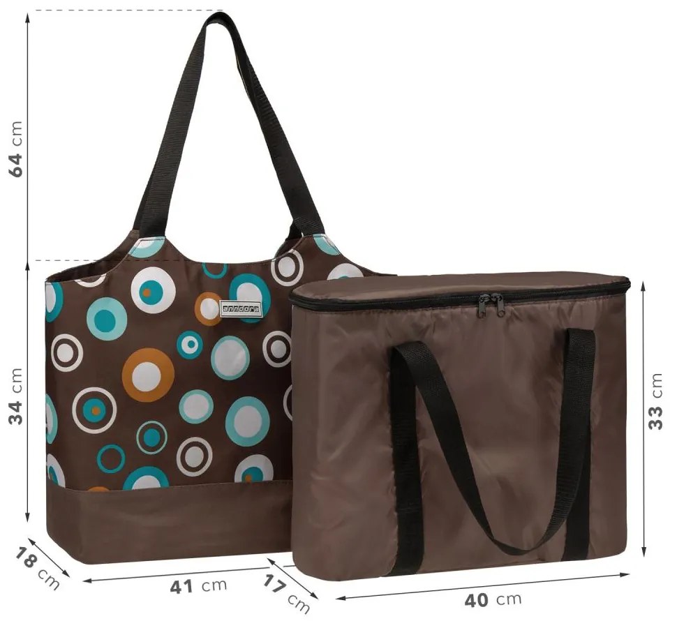 anndora Nákupná taška 2 v 1 látková a izolačná taška — hnedá s kruhmi