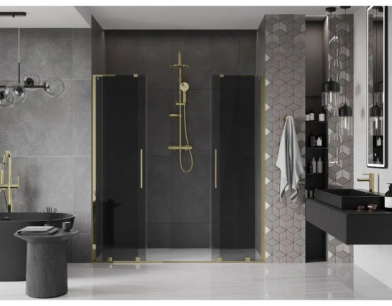 Mexen Velar L Duo, posuvné sprchové dvere do otvoru 180 cm, 8mm šedé sklo, zlatá lesklá, 871-180-003-42-50