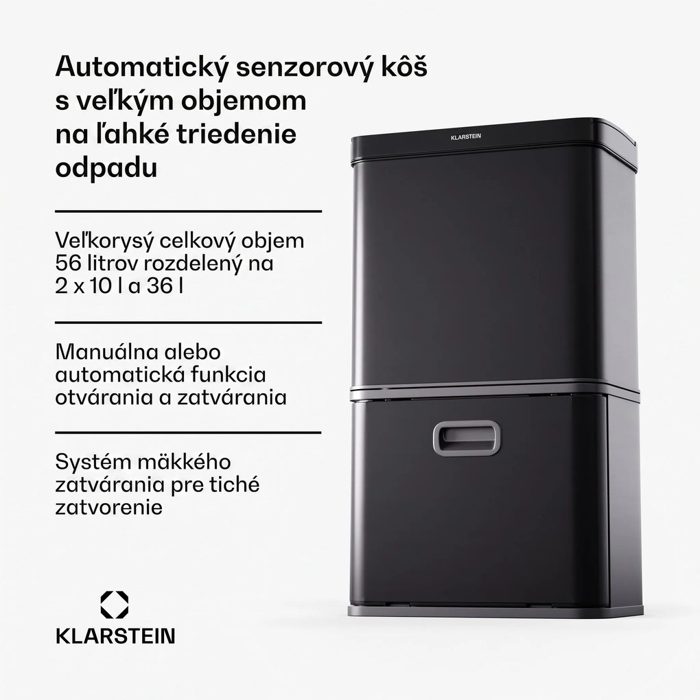 Klarstein Bezdotykový senzorový odpadkový kôš 56L nerez Soft-Close 3 nádoby LED displej časovač