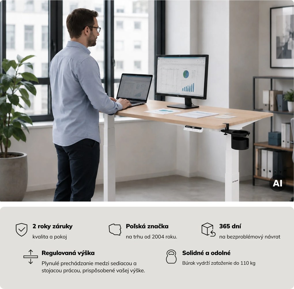 Elektrický stôl s nastaviteľnou výškou ergonomický biely/dub sonoma,1400x700 mm: ARIA