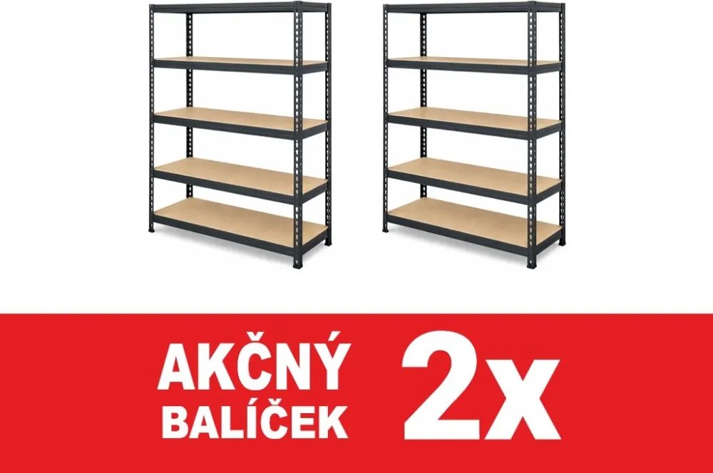 Akcia 2x Regál 180x90x40 cm lakovaný, 5-policový, nosnosť 1000 kg, RIVET - čierny - 2ks