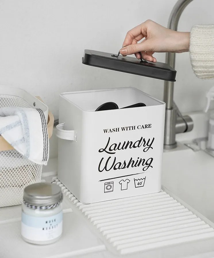 Kovový úložný box na prací prášok s dávkovačom LAUNDRY