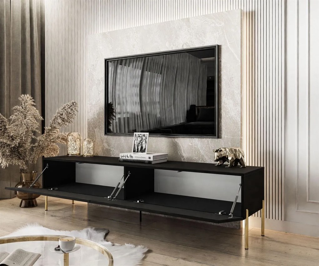 TV STOLÍK ELEGANTE 2 ČIERNY MATNÝ + ZLATÉ NOŽIČKY 175 cm