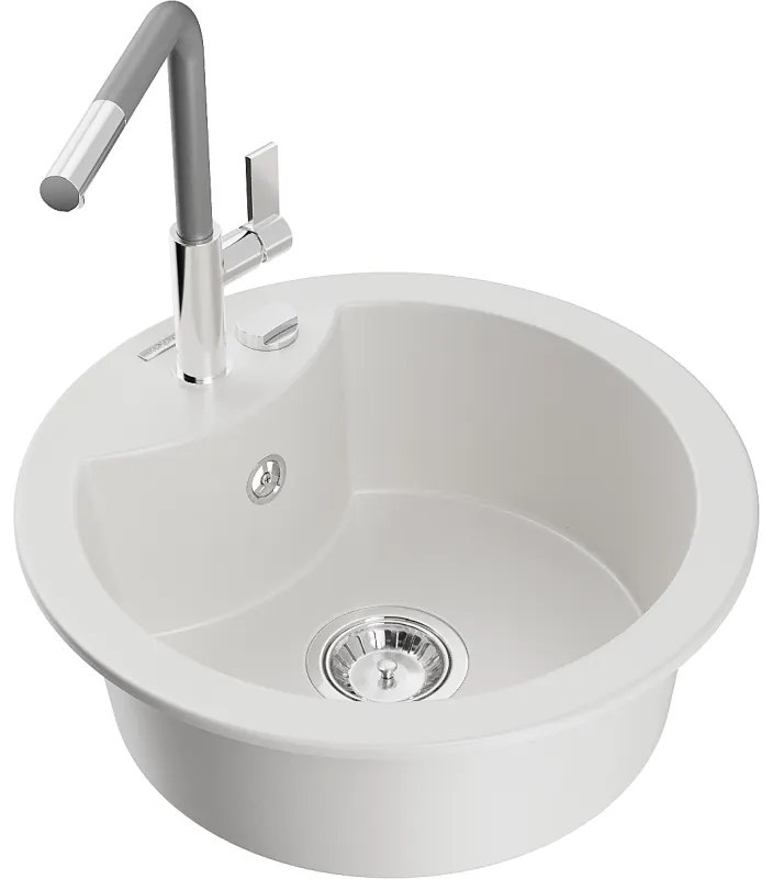 Mexen Diego, 1-komorový granitový drez 488x488x167 mm a drezová batéria Flora, biela, 6512-20-670401-06