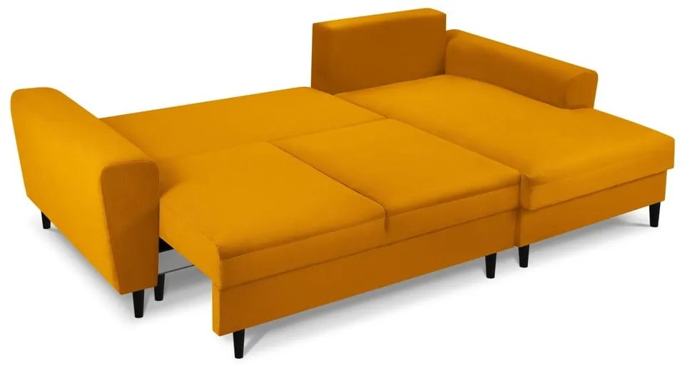 Menčestrová rozkladacia/s úložným priestorom rohová pohovka v horčicovej farbe (pravý roh/s leňoškou) Kyoto – Cosmopolitan Design