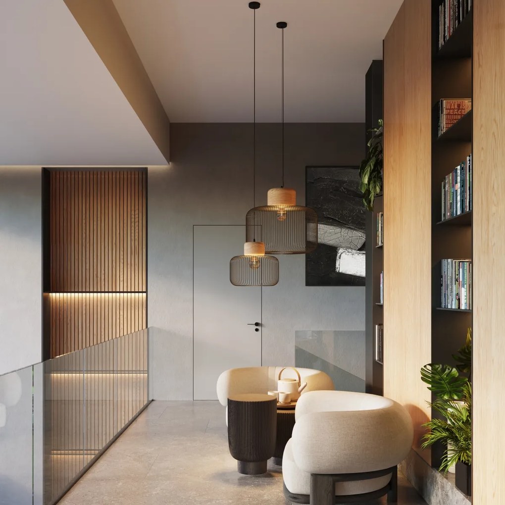 Závesné svietidlo Gabbia, 1x čierne drôtené tienidlo, drevo, (fi 55cm)