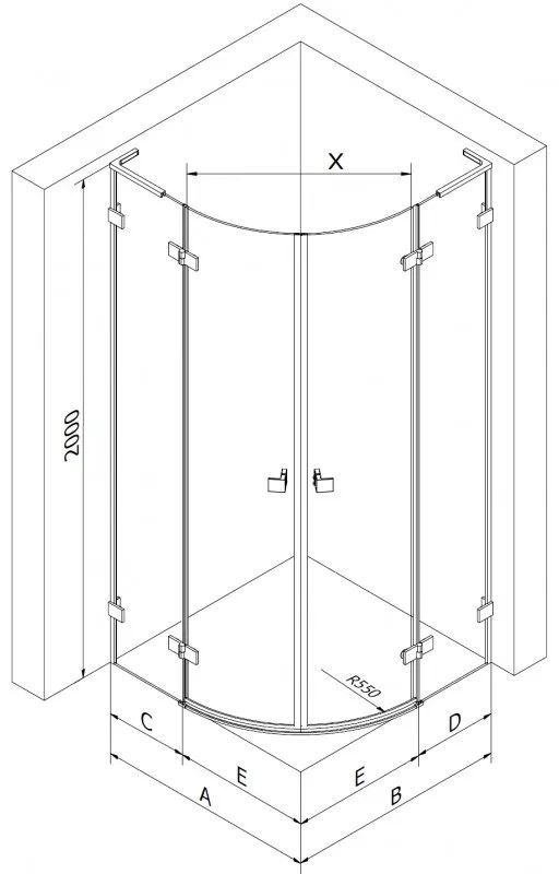 Mexen Lunar, L polkruhový sprchový kút naklápací doľava 90 x 80 cm, 8mm číre sklo, čierny profil, 833L-090L-080P-70-00