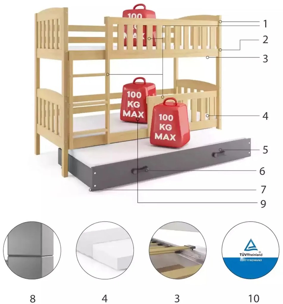 Poschodová posteľ s prístelkou KUBO 3 200x90 borovica - grafitová