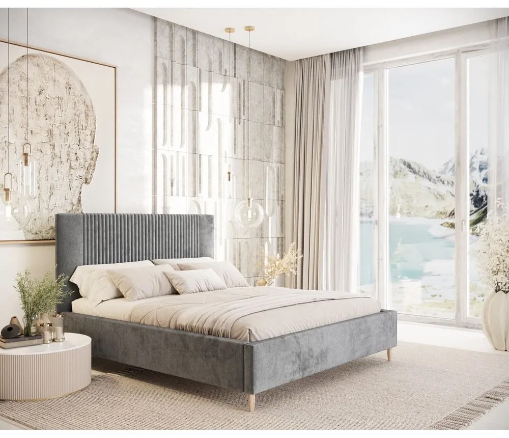 Sivá čalúnená dvojlôžková posteľ s úložným priestorom s roštom 160x200 cm Etero – Maison de Rêve