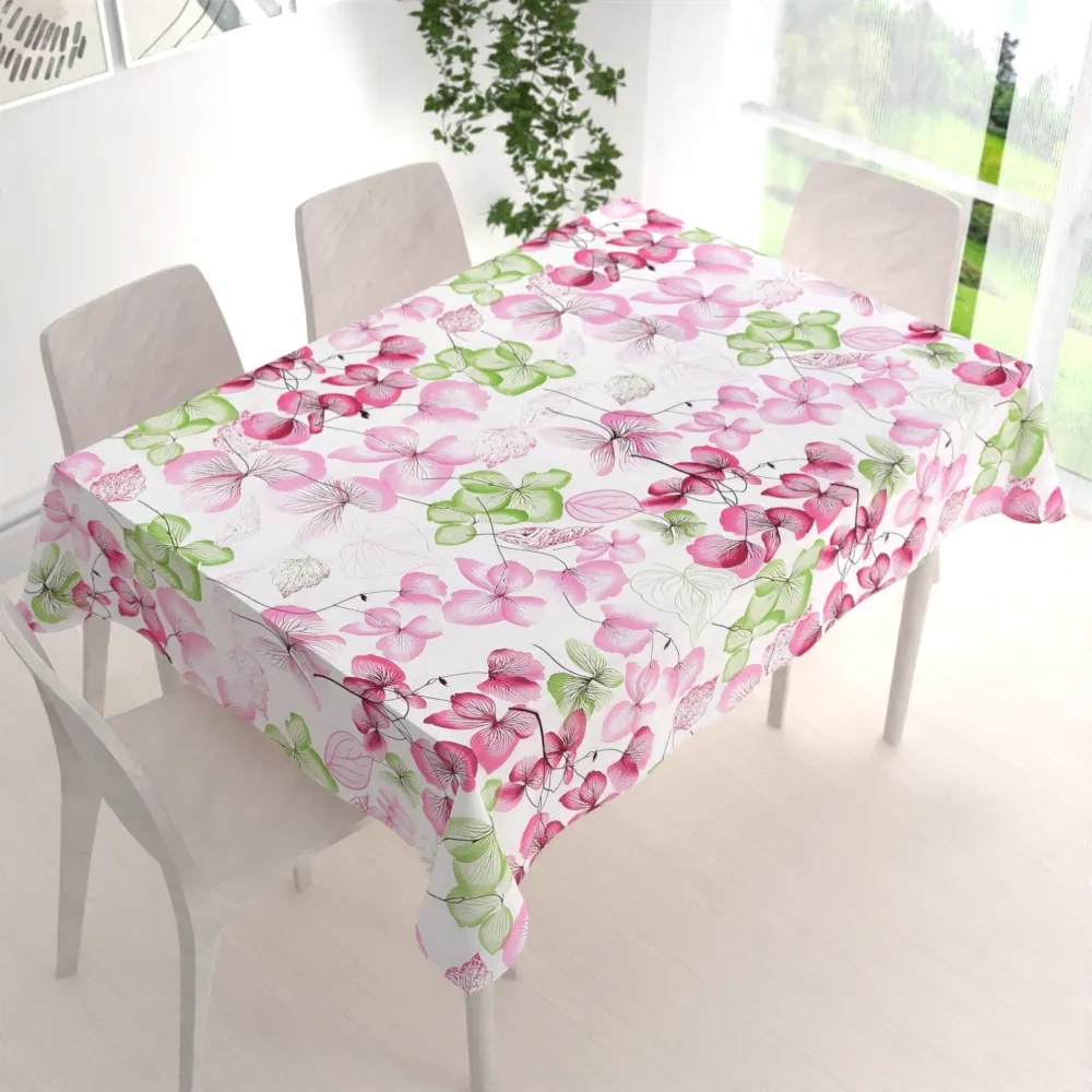 Biante Bavlnený obdĺžnikový obrus Sandra SA-366 Ružovo-zelené kvety na bielom 50x100 cm