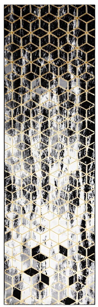 Dywany Łuszczów, Koberec behúň Gloss 409A 82 3D cubes black/gold/grey, 80x250, čierna, obývacia izba