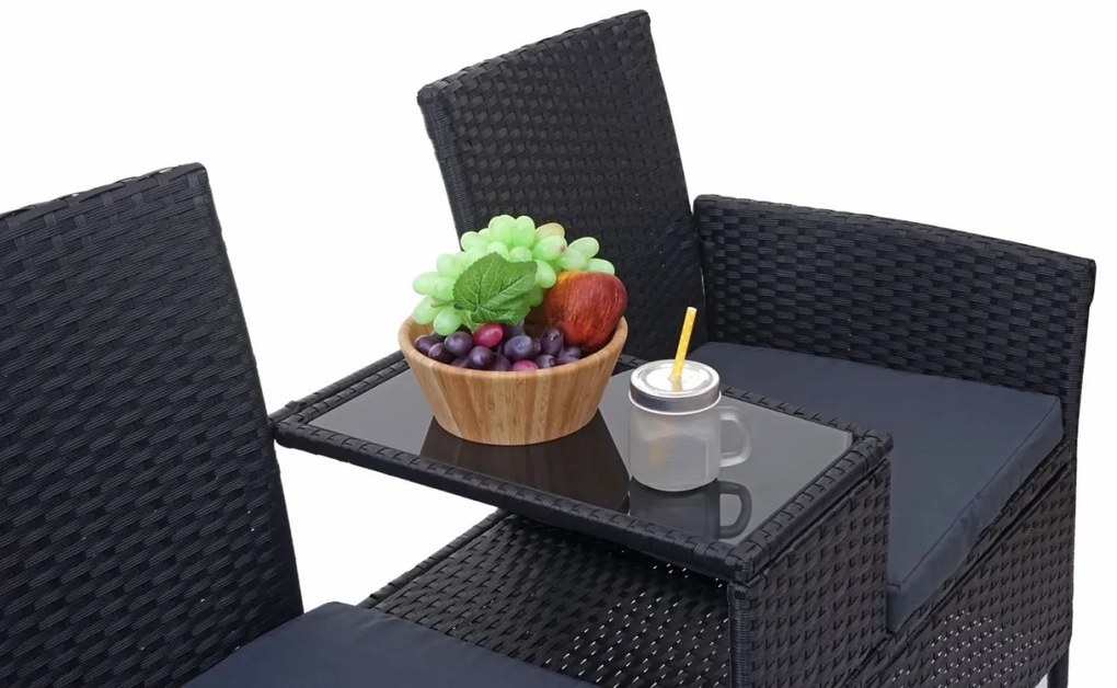 Záhradná lavica so stolíkom E24 - umelý ratan, 132cm - Čierna, sedáky tmavosivá