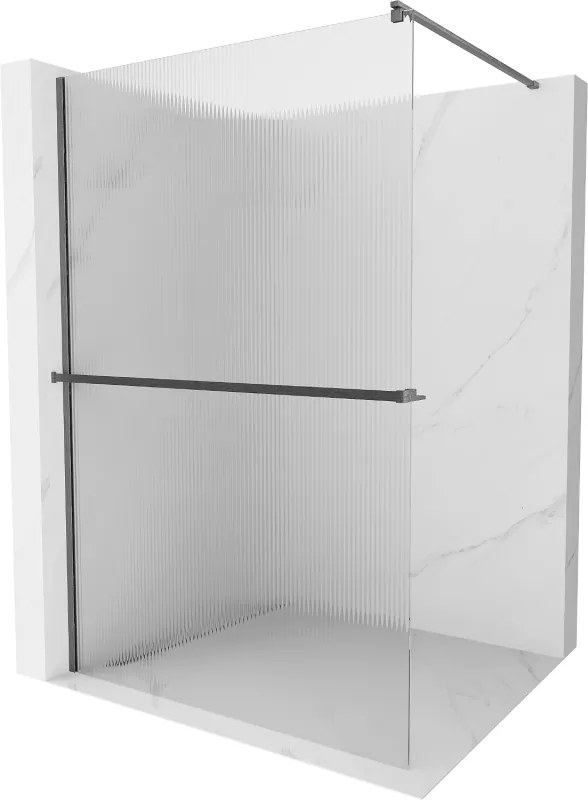 Mexen Kioto+, sprchová zástena Walk-In s poličkou a vešiakom 130 x 200 cm, 8mm sklo s rebrovým vzorom, grafitový profil, 800-130-121-66-09