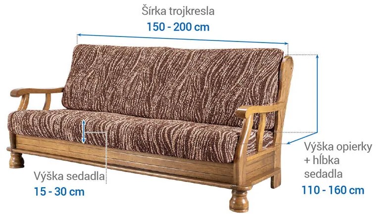 Bielastické poťahy UNIVERSO NOVÉ žíhané hnedé trojkreslo s drevenými rúčkami (š. 150 - 200 cm)