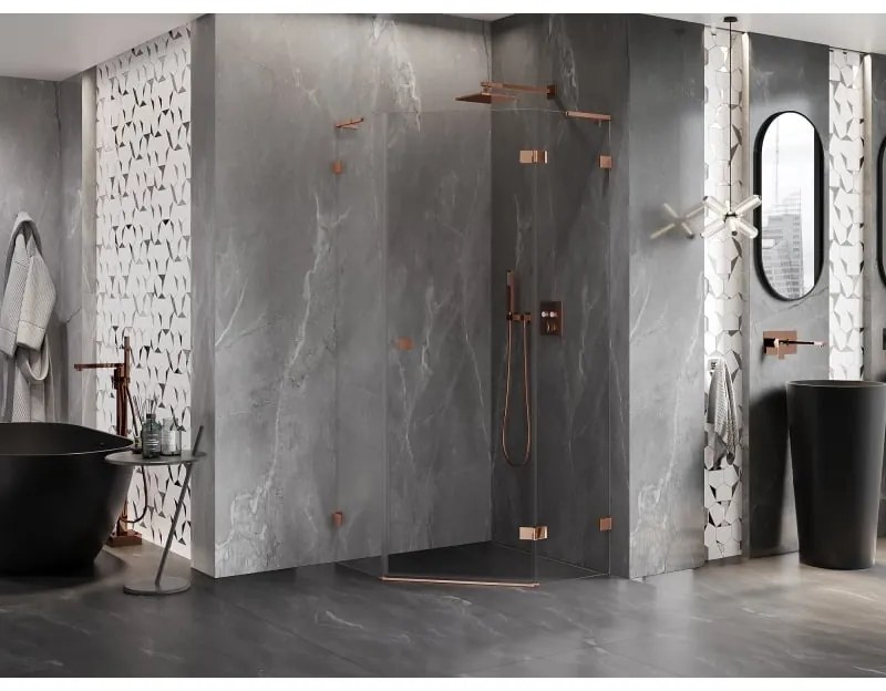 Mexen Lunar, L päťuholníkový sprchový kút s pravým sklonom 90 x 90 cm, 8mm číre sklo, profil ružové zlato, 831L-090P-090L-60-00-P